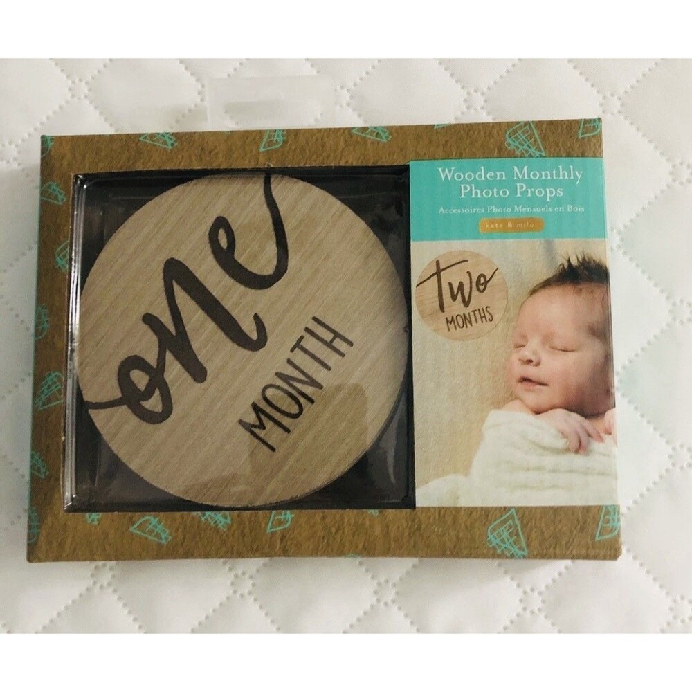 Kate & Milo Baby Monthly Milestone Marker Discs Cursive Script Wooden New in Box